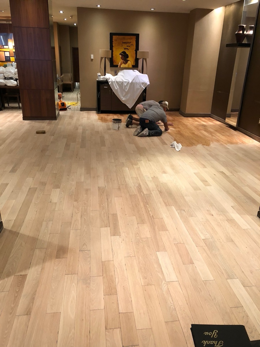 Hardwood floor sanded to bare wood during a refinishing job
