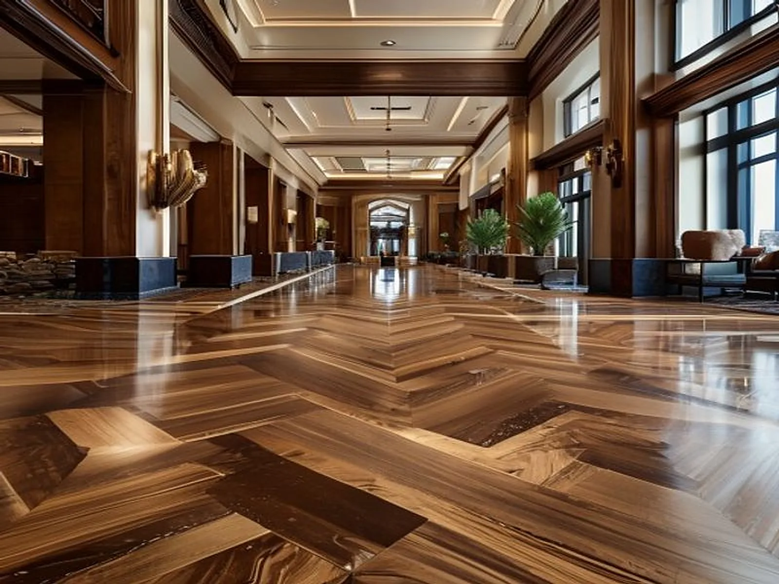 Chevron hardwood installation in a commercial lobby