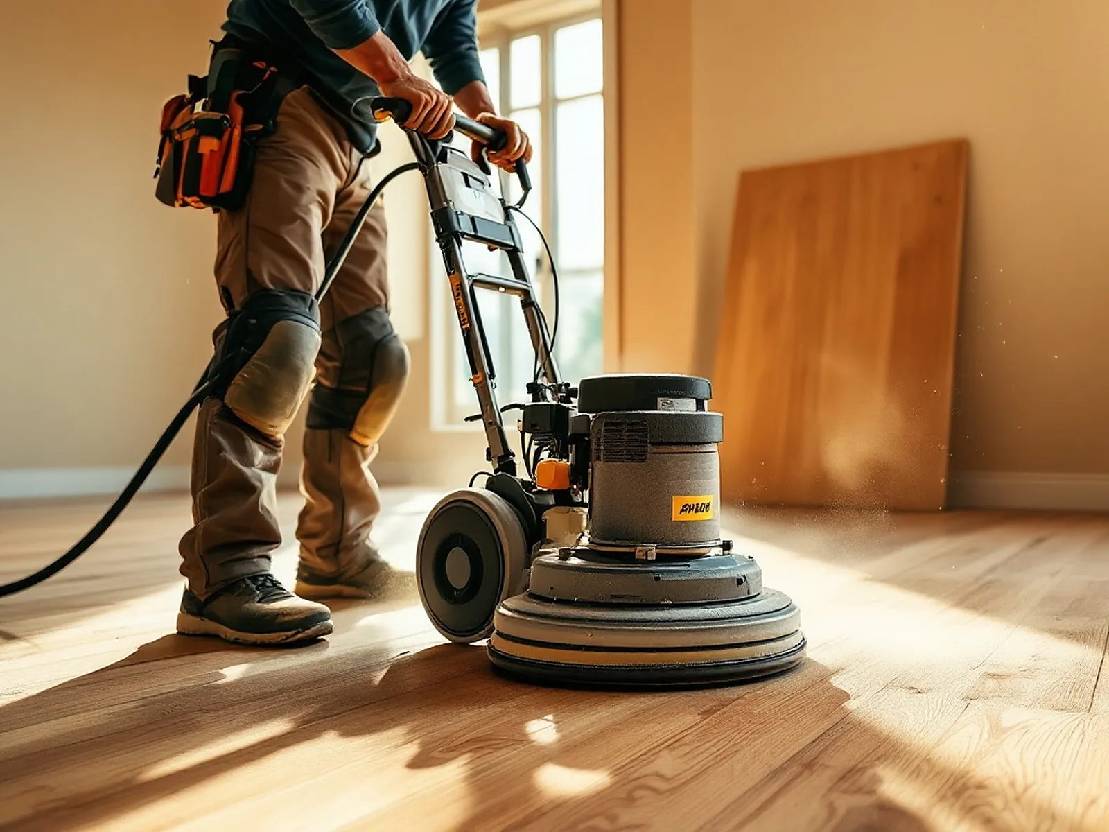 Professional floor buffing machine restoring a hardwood floor