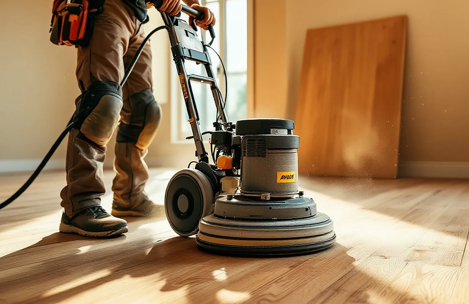 Floor buffer refinishing a hardwood floor in a Maryland home